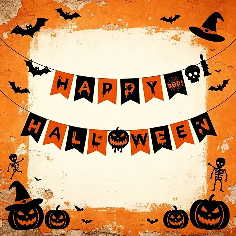 Halloween Flag Hanging Ornaments-decorated with Ghost Bat Skeletons and Scary Pumpkins, Festive Decorations WORLDKPI