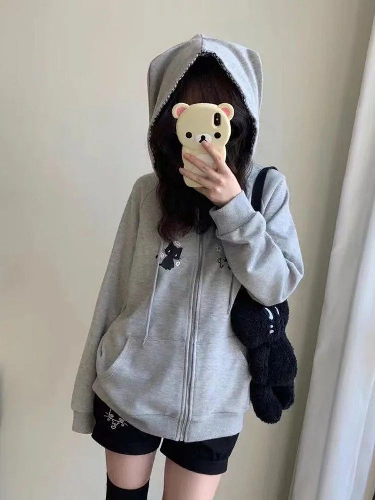 Mujer Japanese Cute Hoodies Coats Cute Cat Print Hooded Sweatshirts Y2K Tops Women Clothing Casual Zipper Loose Hoodie
