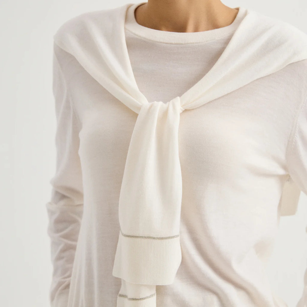 BY3621814 Women's 100% Wool Knit Shoulder Wrap Self-Tie Cape Scarf Chain Trim Draped Layering Quiet Luxury Early Autumn Fall