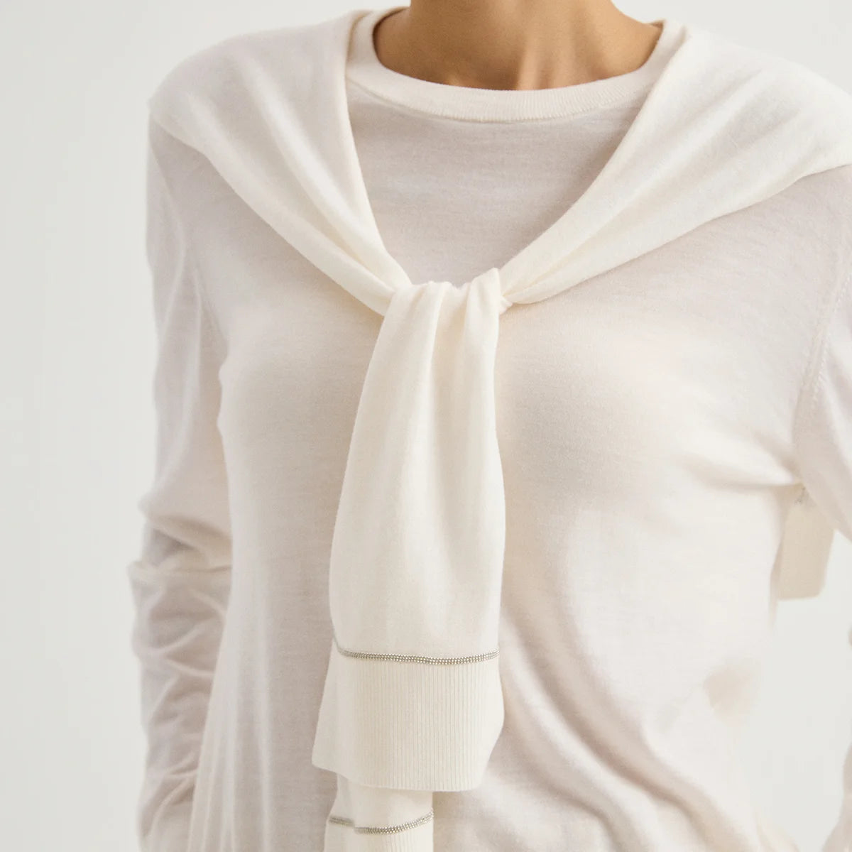 BY3621814 Women's 100% Wool Knit Shoulder Wrap Self-Tie Cape Scarf Chain Trim Draped Layering Quiet Luxury Early Autumn Fall