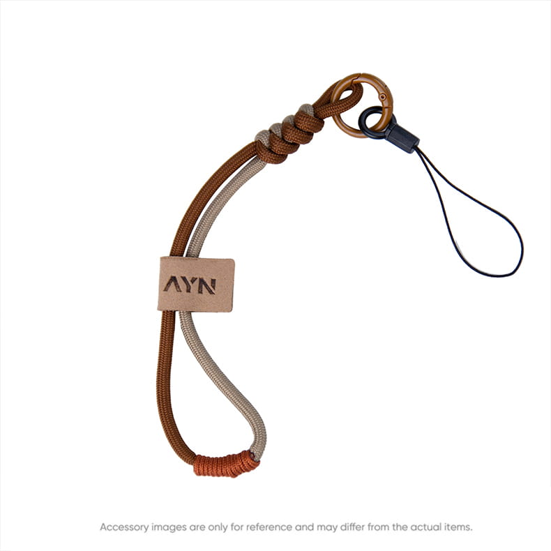 Ayn Thor-Zubehöretui und TPU-Griff-Set mit braun-beigem, geflochtenem Schnur-Handyband mit Karabinerclip aus Messing.
