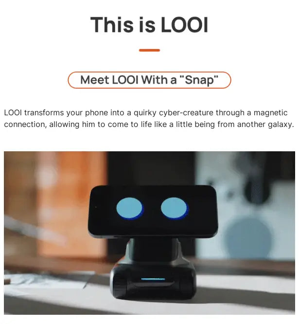 Accessoire de téléphone de commande à distance pour le robot intelligent Looi AI en noir, avec des yeux circulaires bleus lumineux et une batterie au lithium, comprenant une discrète bande lumineuse sur sa base.