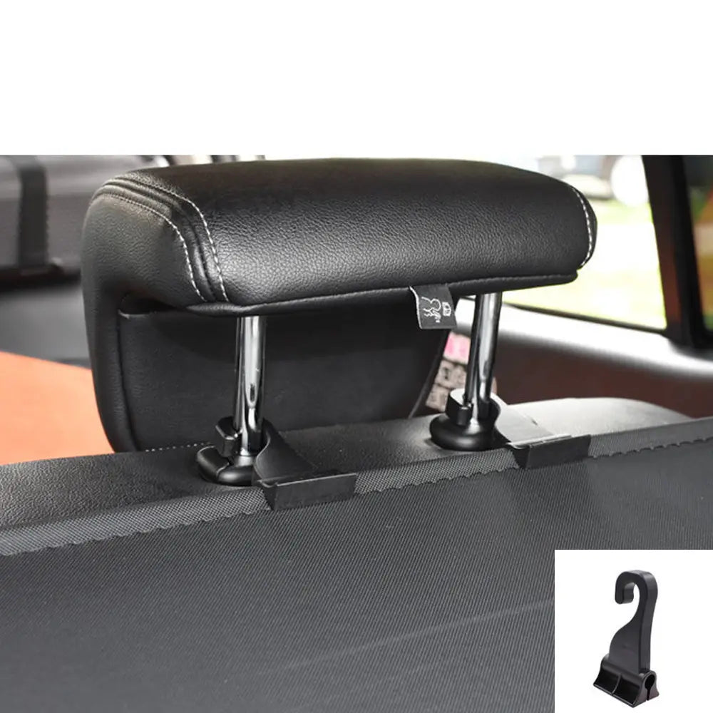 black leatherette headrest cover with white stitching and chrome metal support brackets for trunk curtain clip replacement hook auto fastener
