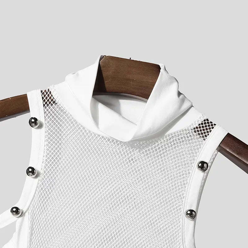 Men mesh turtleneck tank top in white with a sleeveless mesh design, high collar, and silver toned button accents.