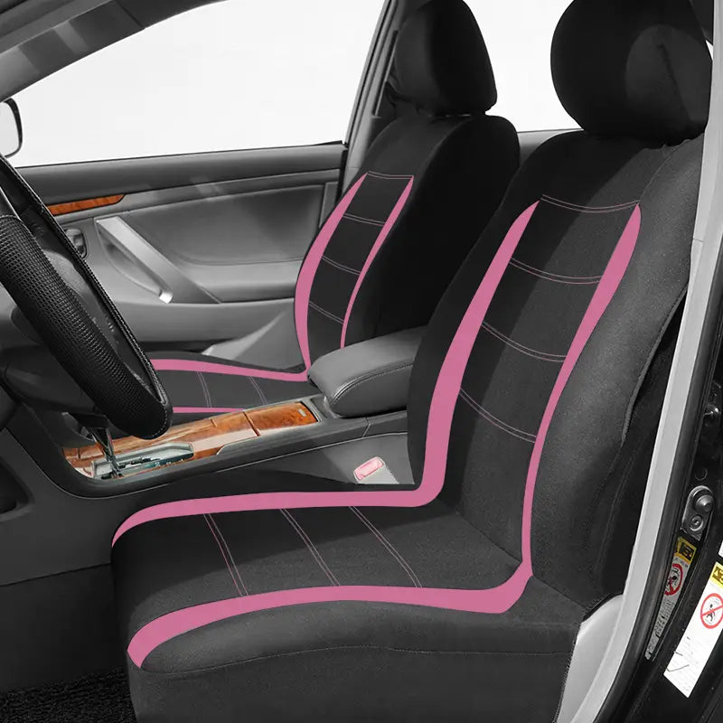 Juego completo de fundas universales para asiento de automóvil en negro, con vivos fucsia vibrantes y acentos de costura blanca para una actualización interior elegante y protectora.