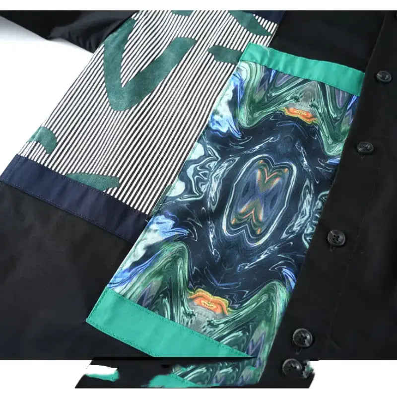 Men printed casual long sleeve shirt featuring a black jacket design with bold abstract marbled panels in teal and navy blue accented by green trim.