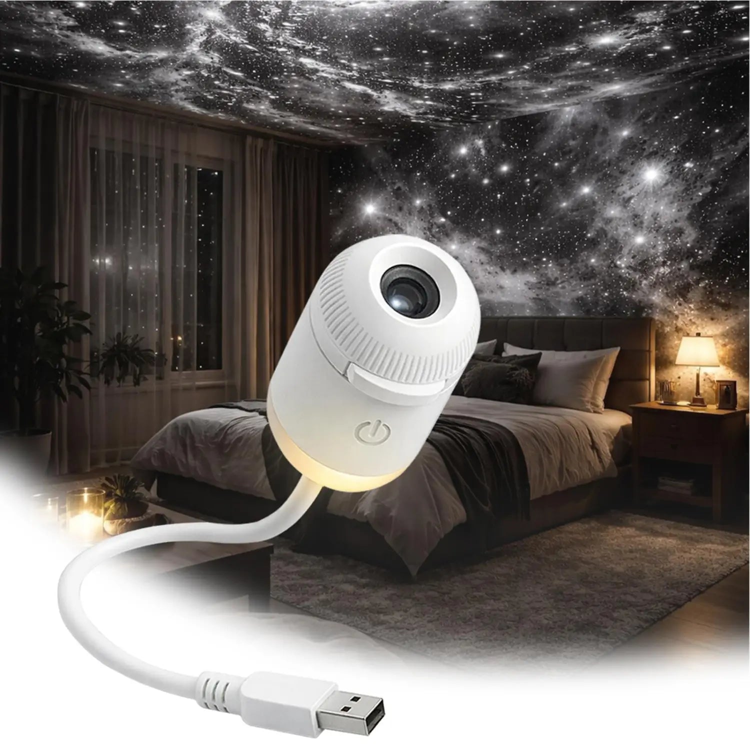 Weiße, per USB betriebene Galaxy-Projektor-Nachtlampe mit elegantem zylindrischem Design und strukturiertem Griffring, mit 24 Folien für eine eindrucksvolle Galaxy-Projektion.