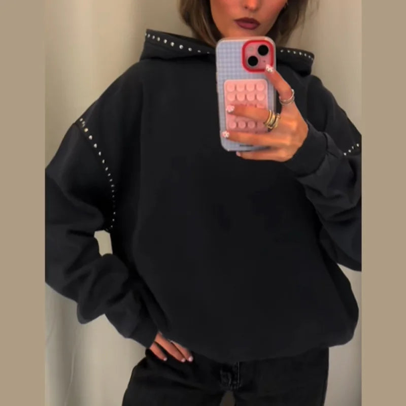 Women's Black Sweatshirt jacket Fashion Cool Casual Loose Long Sleeve Beaded Hoodie Trend Coat 2025 Autumn Lady Commute Outwear