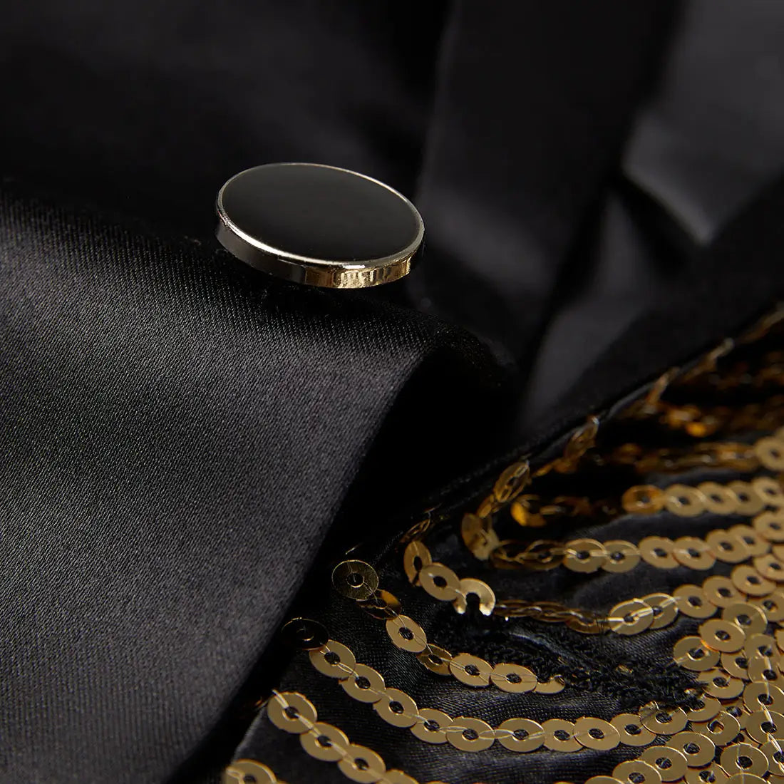 black satin cufflink with a gold-toned metallic border featured with a gold sequin sleeve black satin blazer for men.