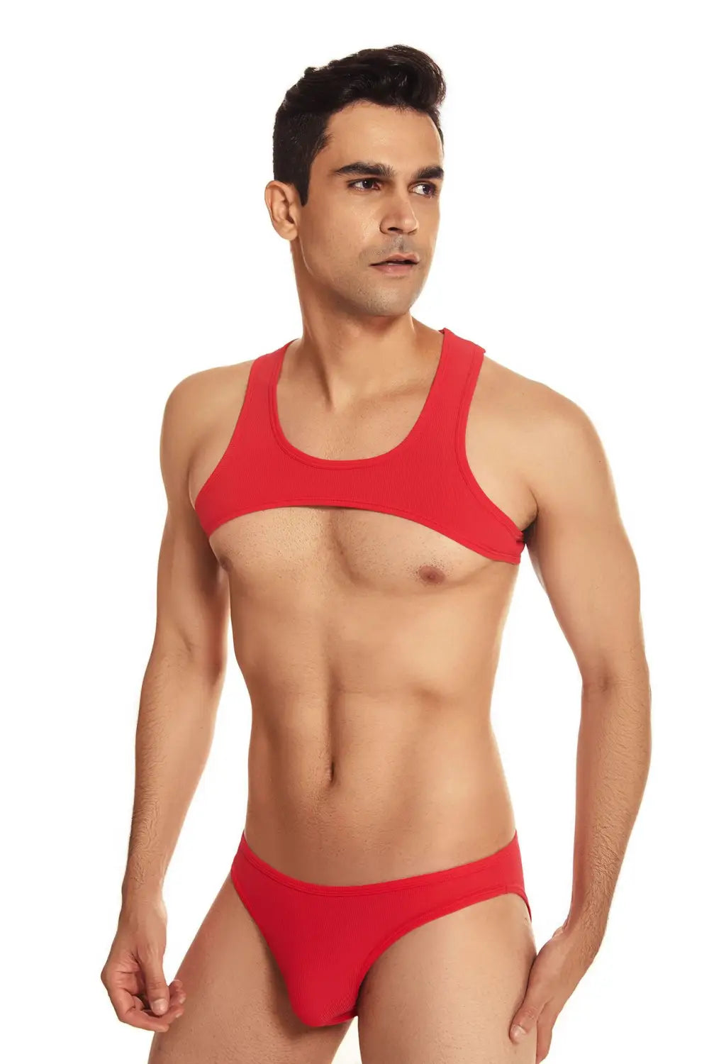 Haut court côtelé rouge ajusté, pour la salle de sport, pour l’entraînement, de style actif, avec slips assortis, dans un ensemble de sous-vêtements pour homme deux pièces, doté d’un haut au style bretelles.