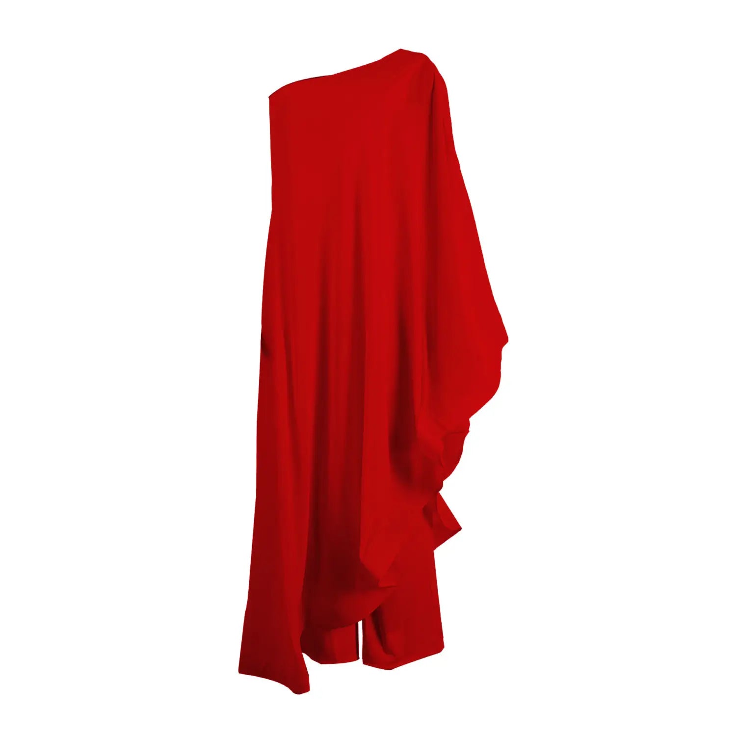 Ein leuchtend rotes drapiertes Kleid mit einer Schulter, mit fließender asymmetrischer Silhouette, zusammen mit dem eleganten weißen Chiffon-Jumpsuit mit einseitiger Schulter und Rüschen.