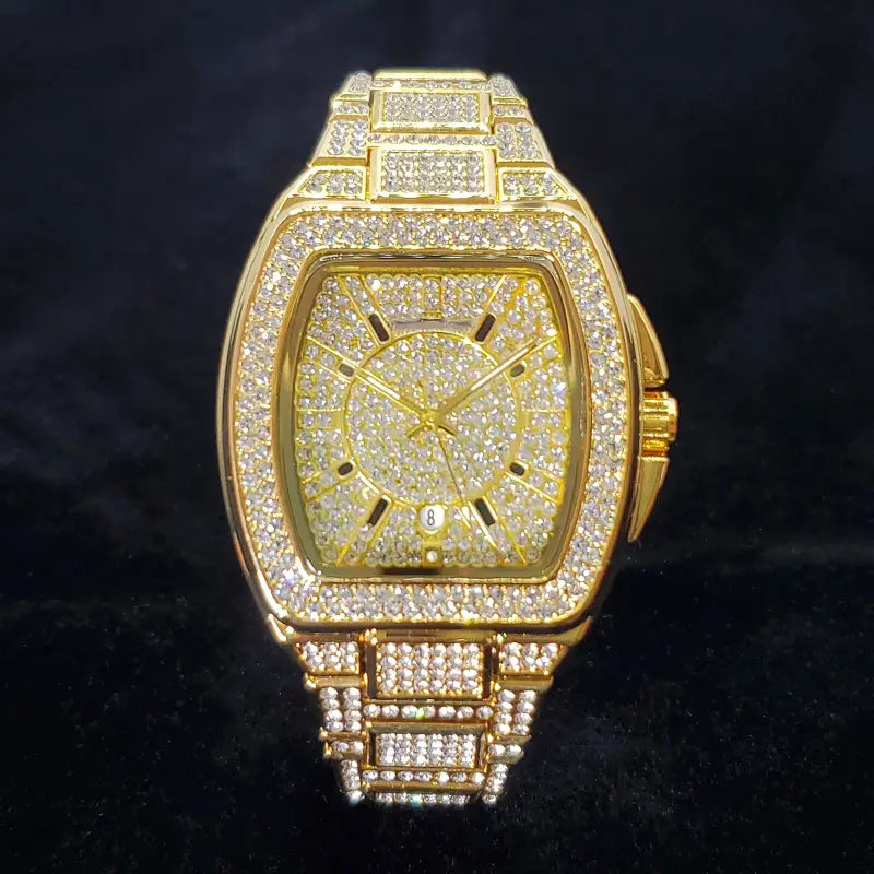 Gold-tone luxury mens quartz watch with a square face and bracelet fully encrusted in sparkling clear crystals.