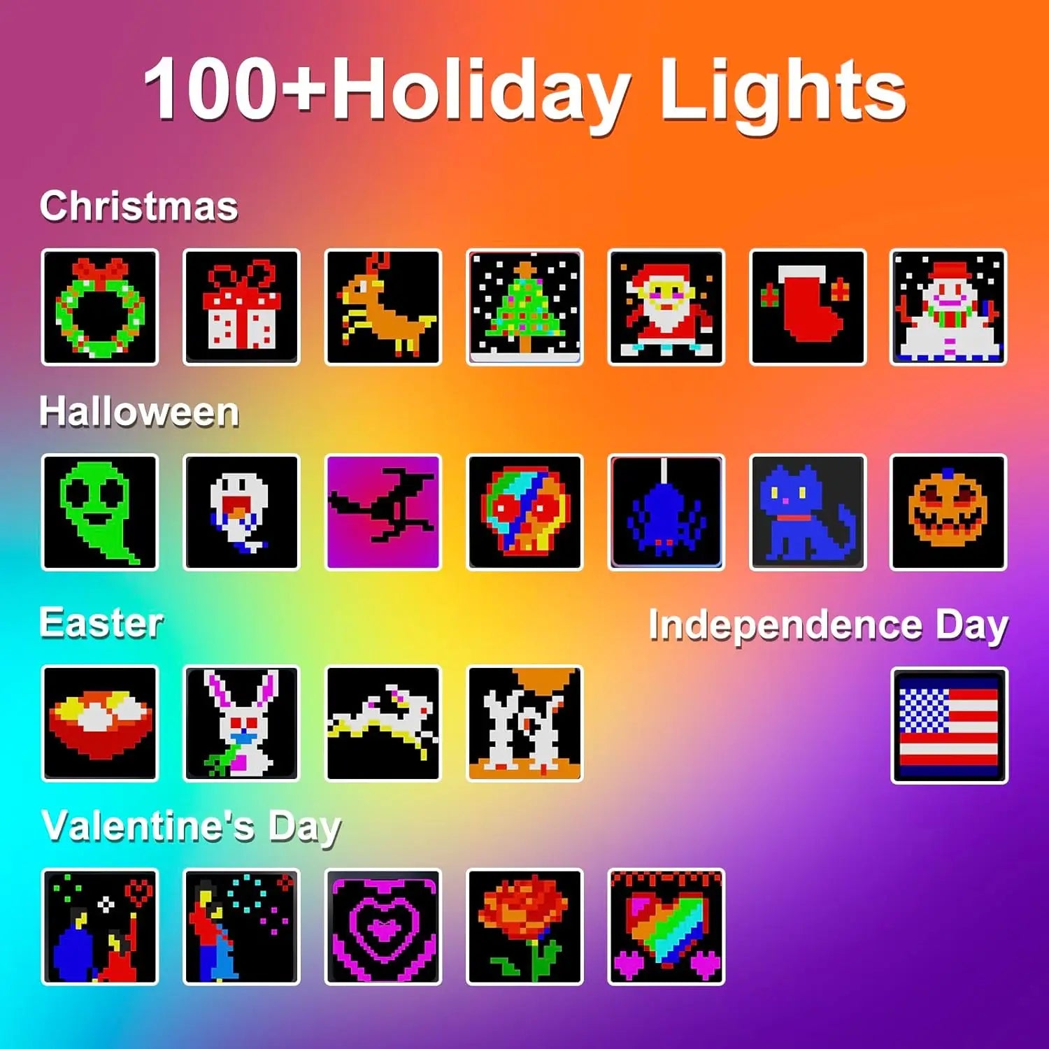 Eine Sammlung von über 100 festlichen, thematischen, pixelartigen LED-Lichtern für Weihnachten, Halloween, Ostern, den Tag der Unabhängigkeit und den Valentinstag; dargestellt in einem smarten LED-Vorhanglicht RGB, per App gesteuert, für DIY-Weihnachtsdekoration; mit ROHS- und CE-Zertifizierung