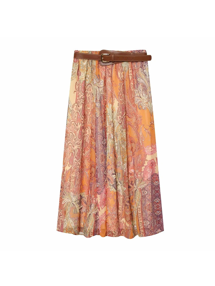 Women Summer New Skirts Fashion Women Retro Print High Waist Skirts Chic Summer Elegant Holiday Lady Belt Skirts