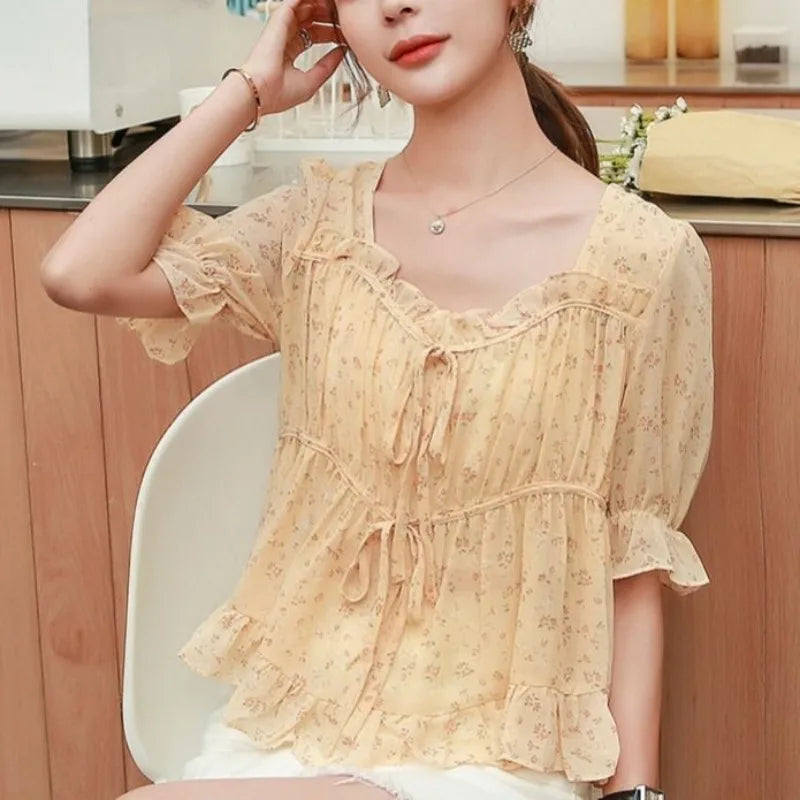 Shirts & Blouses for Women Simple Woman Top Ruffleswith Print New Collection 2025 Fashion Korea Stylish Summer Novelties M Tall