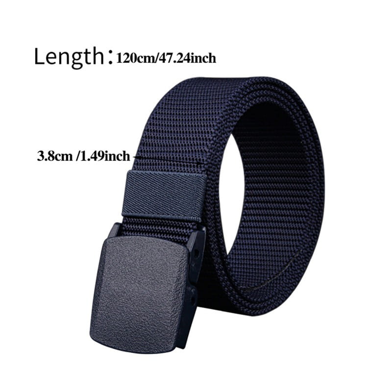 Ceinture tactique en nylon noir avec une boucle en plastique noire mate, d’une longueur de 120 cm, conçue pour un usage durable et sûr.
