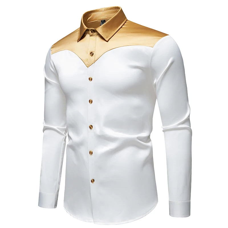 New Men's Satin Smooth Long Sleeve Shirts Fashion Luxury Color Blocked Tuxedo Shirt Wedding Party Prom Casual Shirt Business