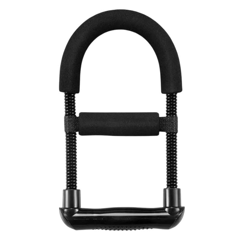 Black foam-handled adjustable forearm strength trainer with electroplated carbon steel textured metal springs and sturdy base for fitness training.