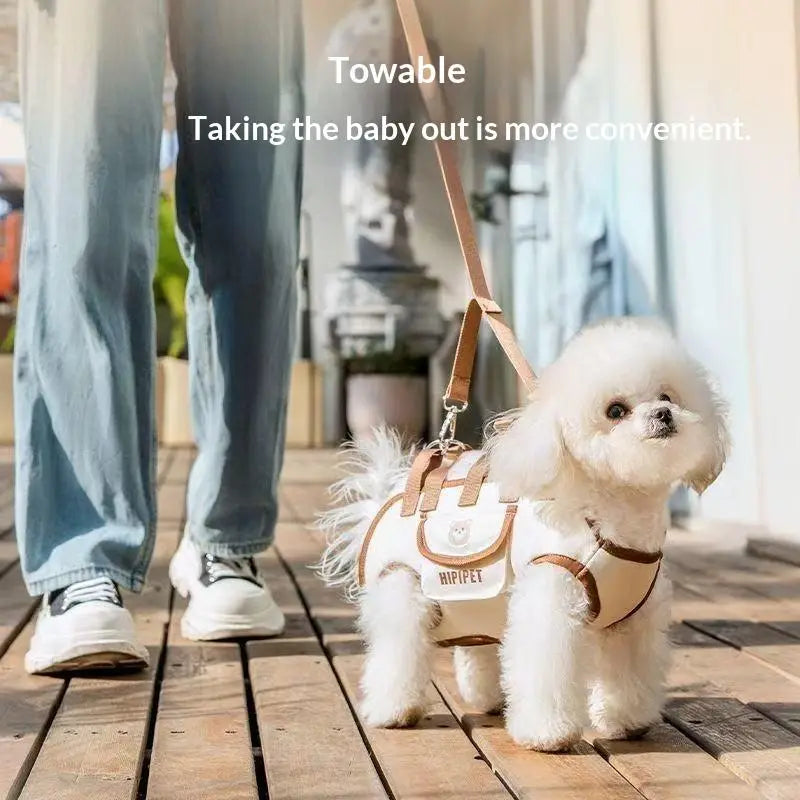 White and tan hipipet small dog carrier backpack made of oxford cloth with a front pocket featuring the brand logo.