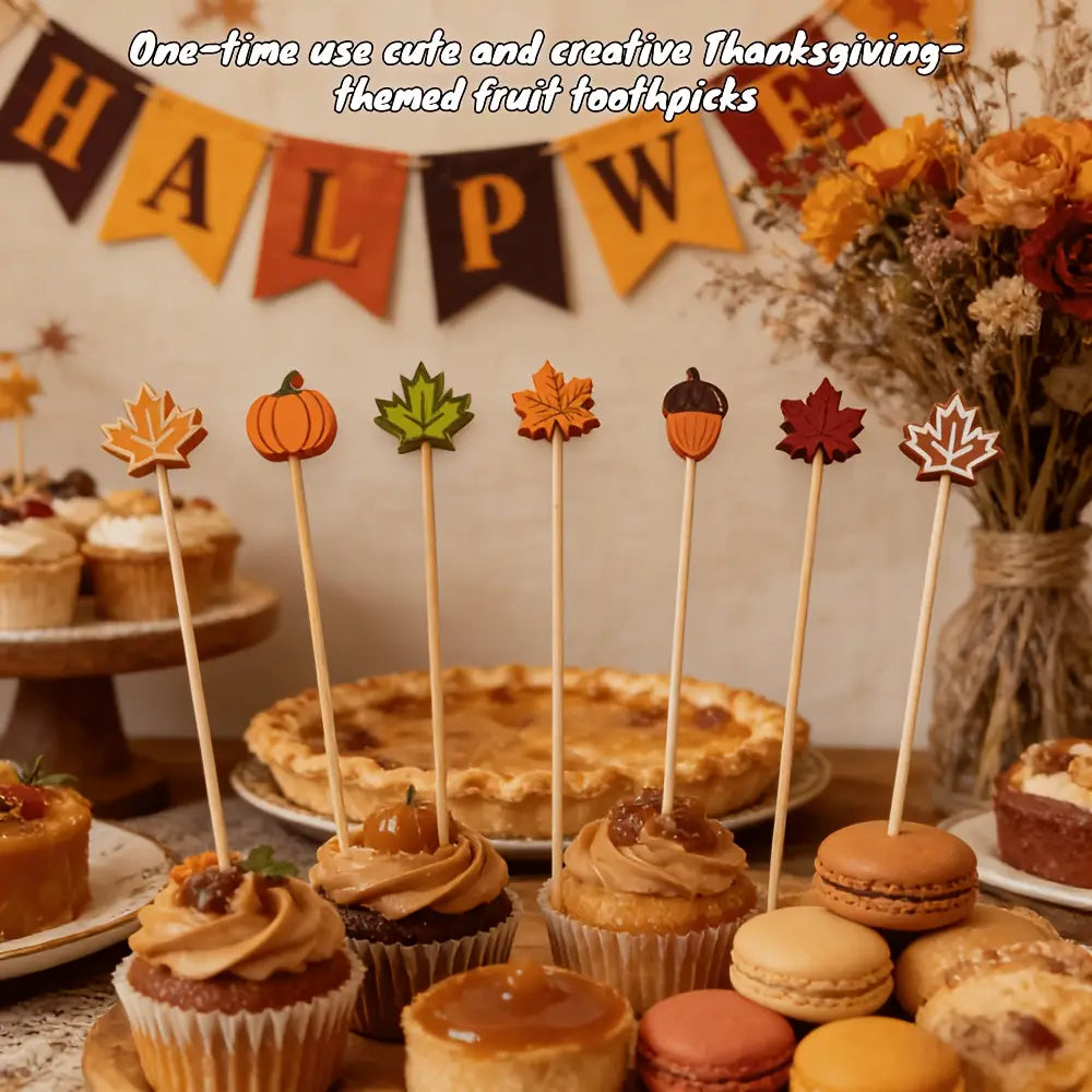 Autumn bamboo food skewers 100 pack featuring wooden sticks with colorful thanksgiving-themed pumpkin leaf and acorn cut-out designs for fruit and appetizer decoration.