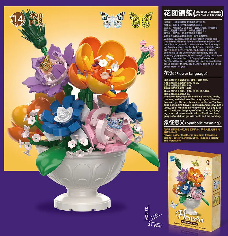 A colorful intricately assembled lego compatible building block flower bouquet in a white ceramic style vase as a decorative potted plant toy.