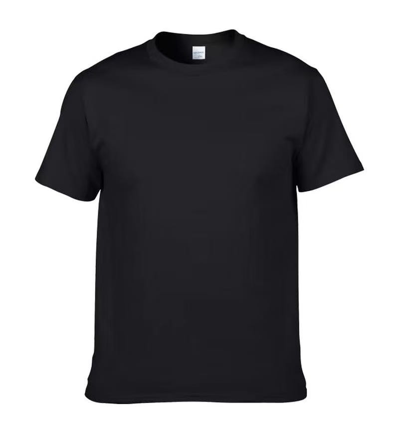 黒の半袖クルーネックの男性用綿素材カスタムプリントTシャツ。柔らかな綿素材で作られており、カジュアルウェアとして着用可能。