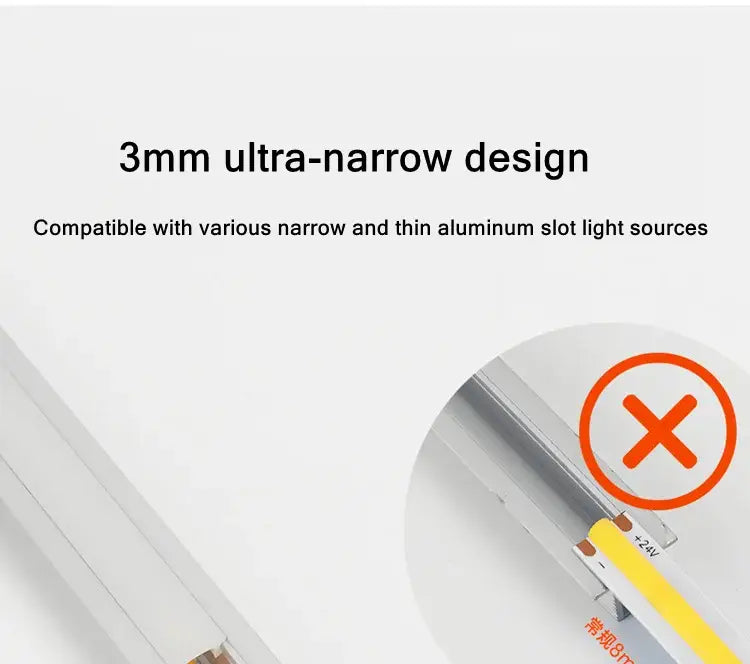 Adaptador de fuente de luz con ranura de aluminio ultra estrecha de 3 mm, con acabado metálico elegante, compatible con tira LED esbelta para decoración doméstica DIY, que incluye un cabezal DC y conexión de 2 pines.
