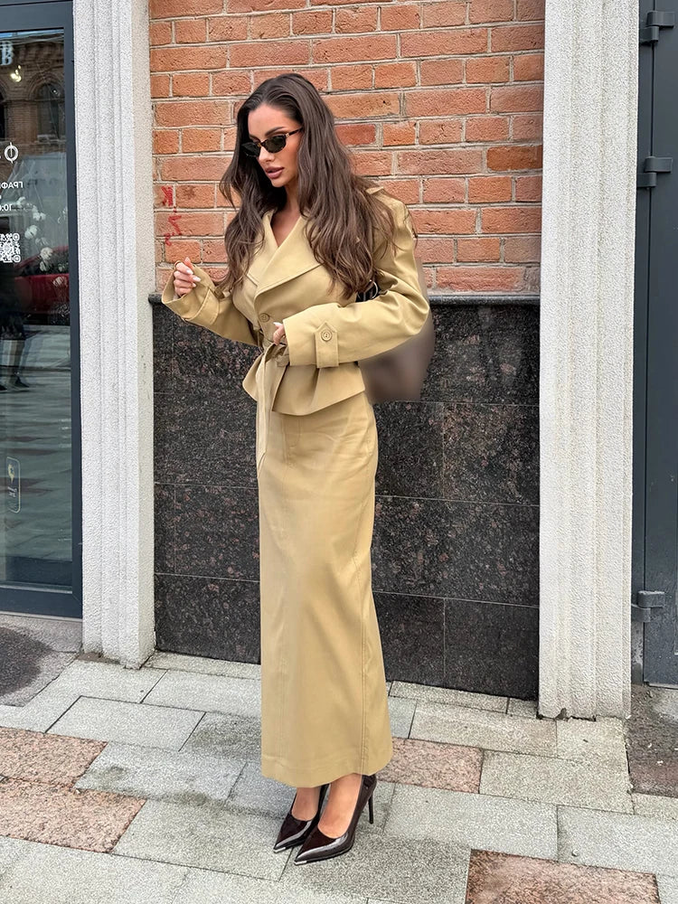 Women Short Trench Co‑ord Outfit Notched Collar Waist Tie Jacket High Waist Midi Skirt Set Trendy Daily Going Out Ofdice Outfit