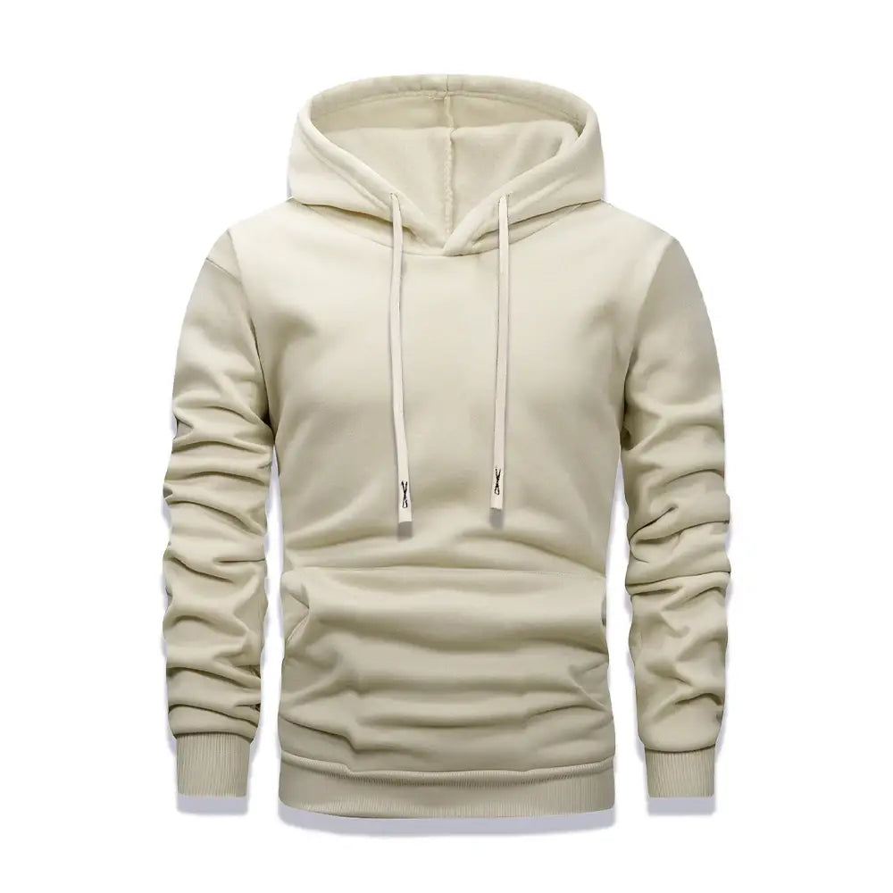 Beiger Herren-Fleece-Pullover-Hoodie mit Kapuze, passenden Kordelzügen und gerippten Bündchen, für lässige Winterbekleidung ausgelegt.