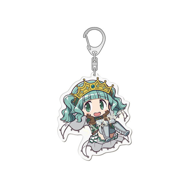 A translucent acrylic Madoka Magica anime keychain featuring a chibi-style character with teal hair wearing a golden crown and silver armor.