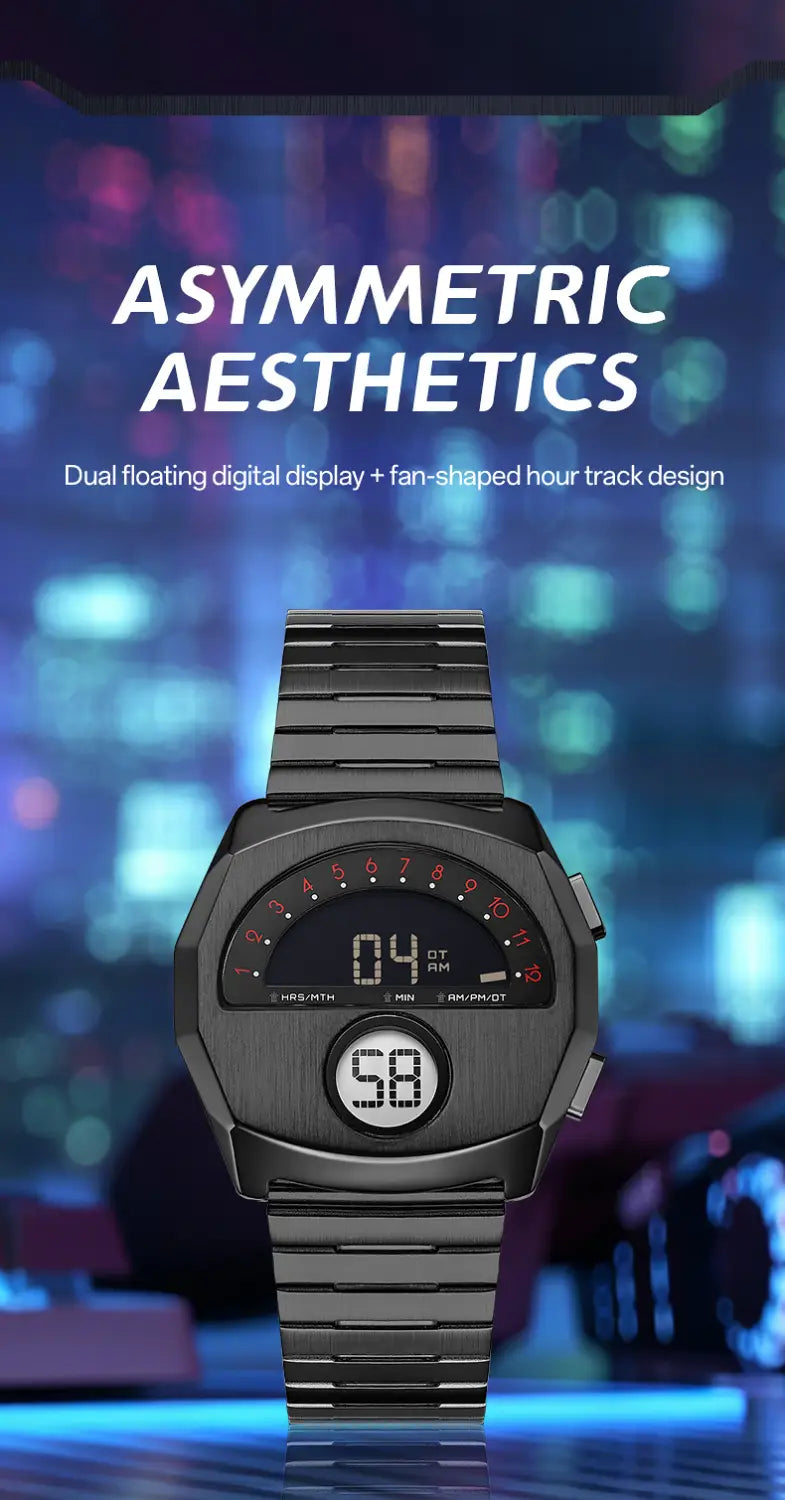 Megir men stainless steel digital watch in black with a dual floating display and fan-shaped hour track featuring red numerals on the analog-style dial.