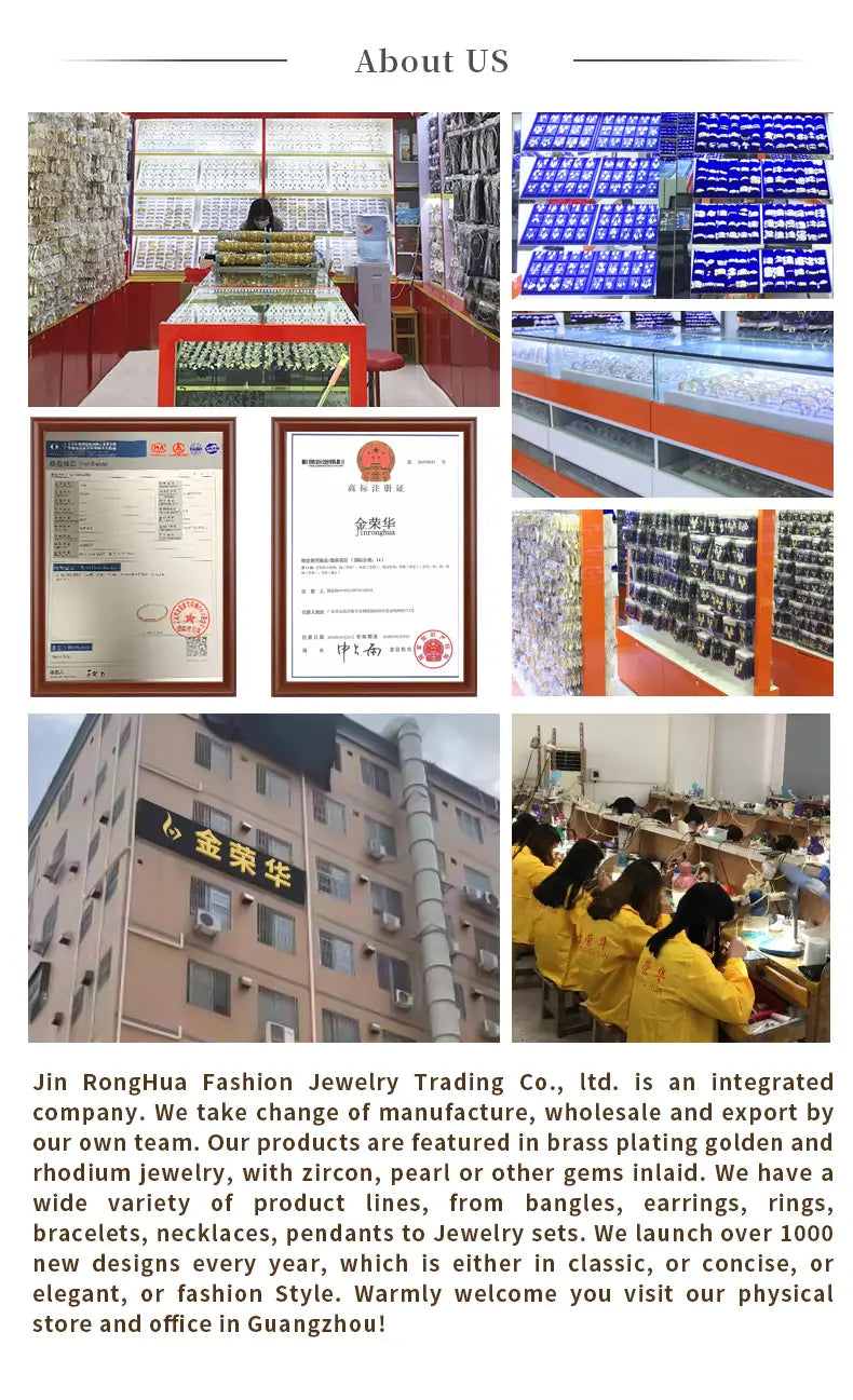 L’image présente un collage de pièces de l’ensemble de bijoux géométriques en zircon doré provenant de Jin Ronghua Fashion Jewelry Trading Co., Ltd., mettant en valeur un design élégant et moderne.