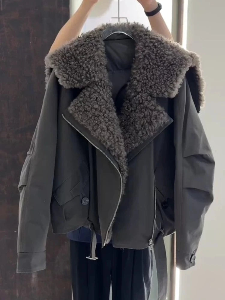 Winter Fashion Faux Fur Collar Padded Jacket Women Army Green Oversized Warm Thick Coat Drawstring Waist Streetwear Chic Tops