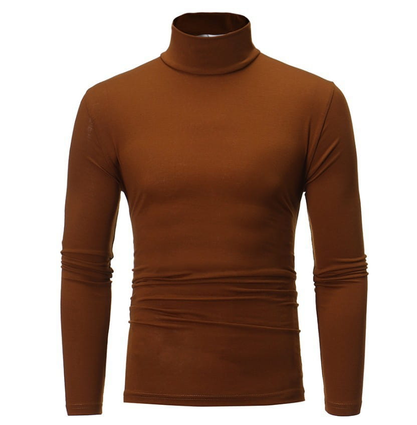Camisa térmica tipo cuello alto ajustada para hombre, de color marrón, elegante y para el invierno, confeccionada con tejido liso y elástico, con detalles acanalados sutiles en los puños.