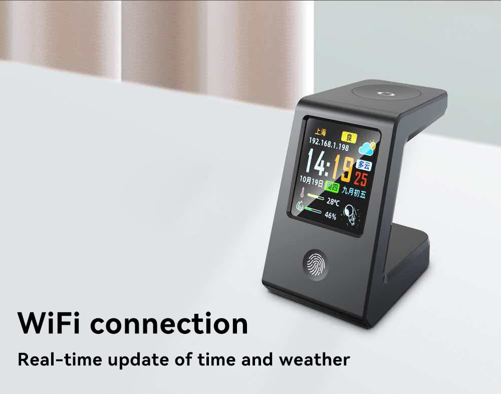 Black smart wifi weather clock wireless charger desk stand with digital display showing time weather and location data.