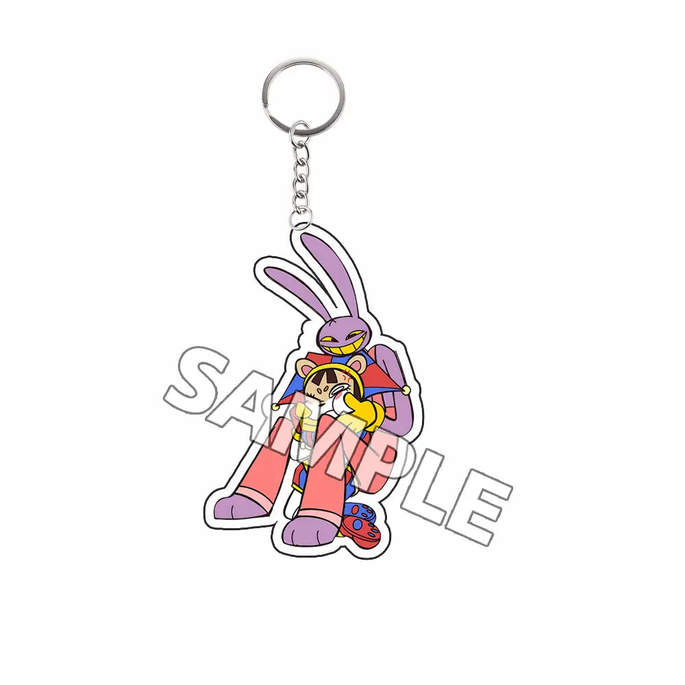 Llavero acrílico morado con forma de conejo, con diseño de personaje caricaturesco, con calidad de producto terminado.