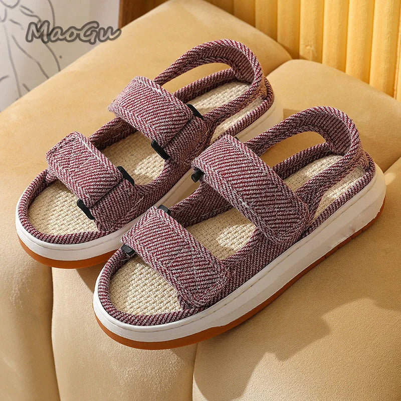 Maogu striped canvas walking sandals feature mauve herringbone-patterned canvas with white and tan rubber soles.