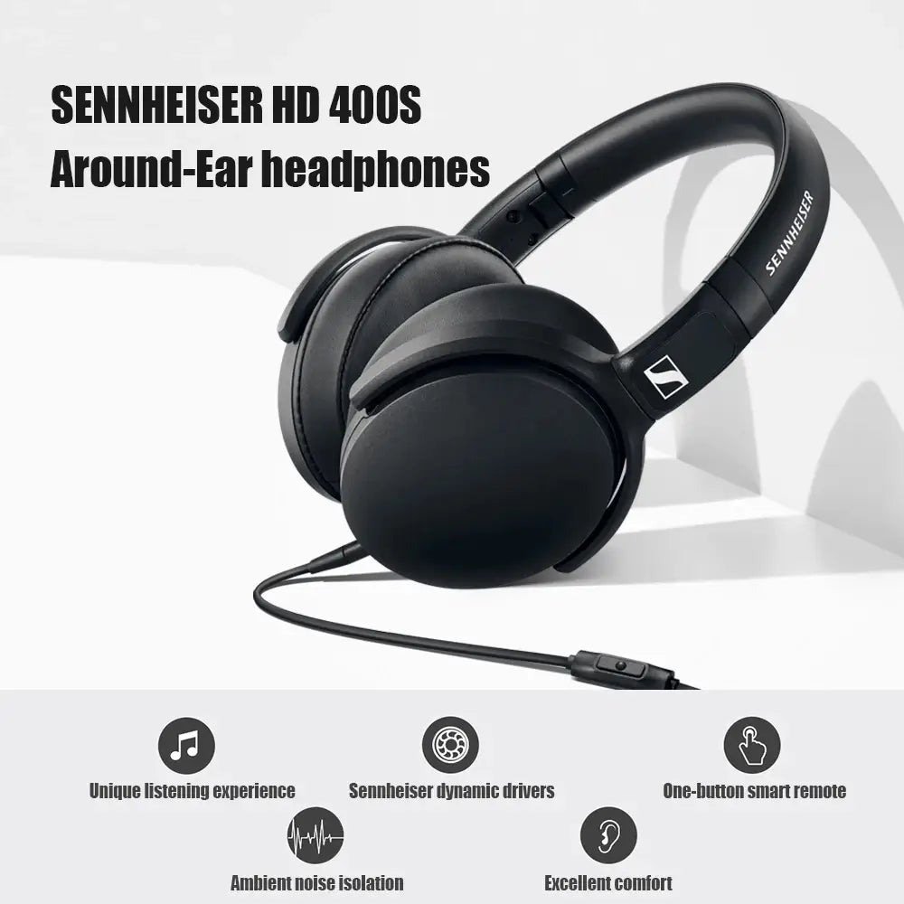 Black Sennheiser HD400s wired over ear headphones featuring a sleek minimalist design with padded earcups for comfortable extended use.