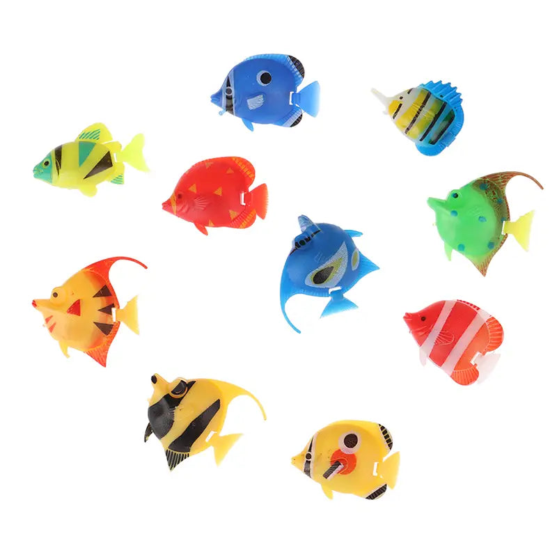 a collection of colorful floating fish aquarium decors in various vibrant patterns made of plastic for enhancing aquarium aesthetics in a 10 pack set