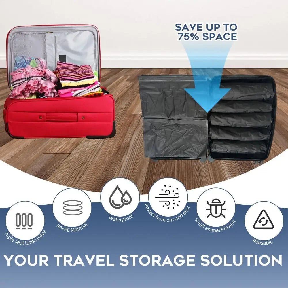 Valise rouge dotée d’un organisateur intérieur noir, conçu pour permettre d’économiser jusqu’à 75 % d’espace, compatible avec les sacs de compression sous vide à enrouler pour un conditionnement efficace lors des voyages