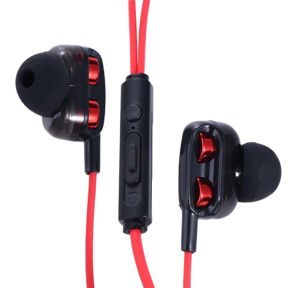 Écouteurs à double dynamique filaires noir et rouge, finition brillante élégante et boutons de commande intégrés sur le câble du casque stéréo filaire 3,5 mm