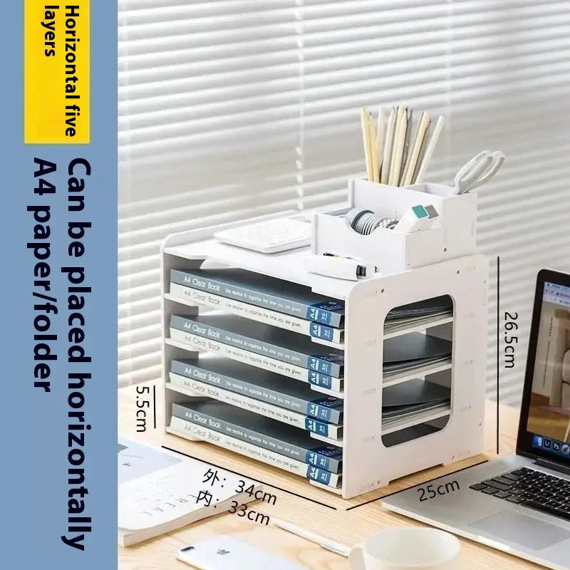 White plastic five-layer horizontal a4 paper and folder organizer with transparent front panels and integrated top compartment holding scissors pens and tape in a plastic desktop file organizer and storage rack.