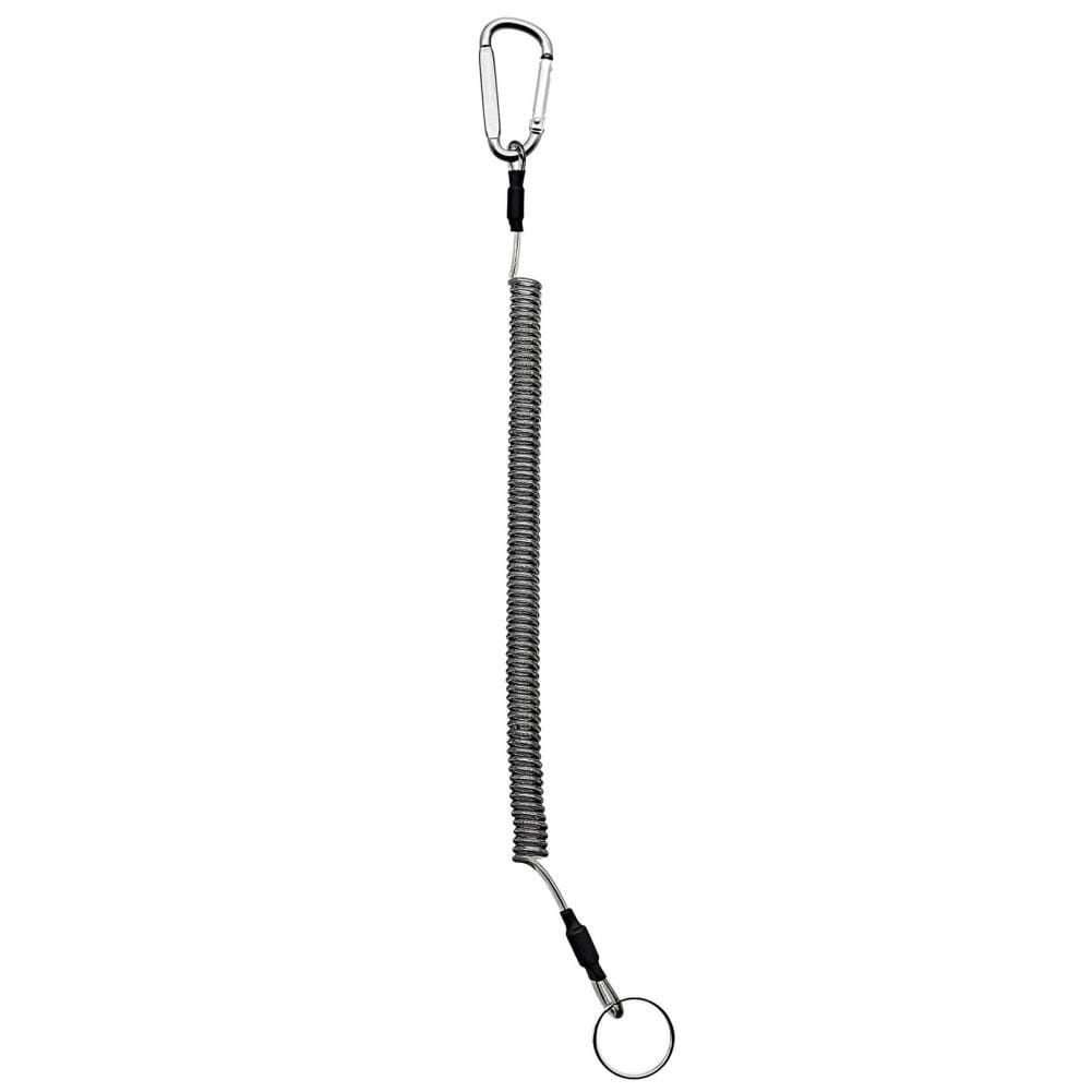 silver coiled retractable spring keychain with carabiner clip and circular ring designed as an anti-lost lanyard keychain