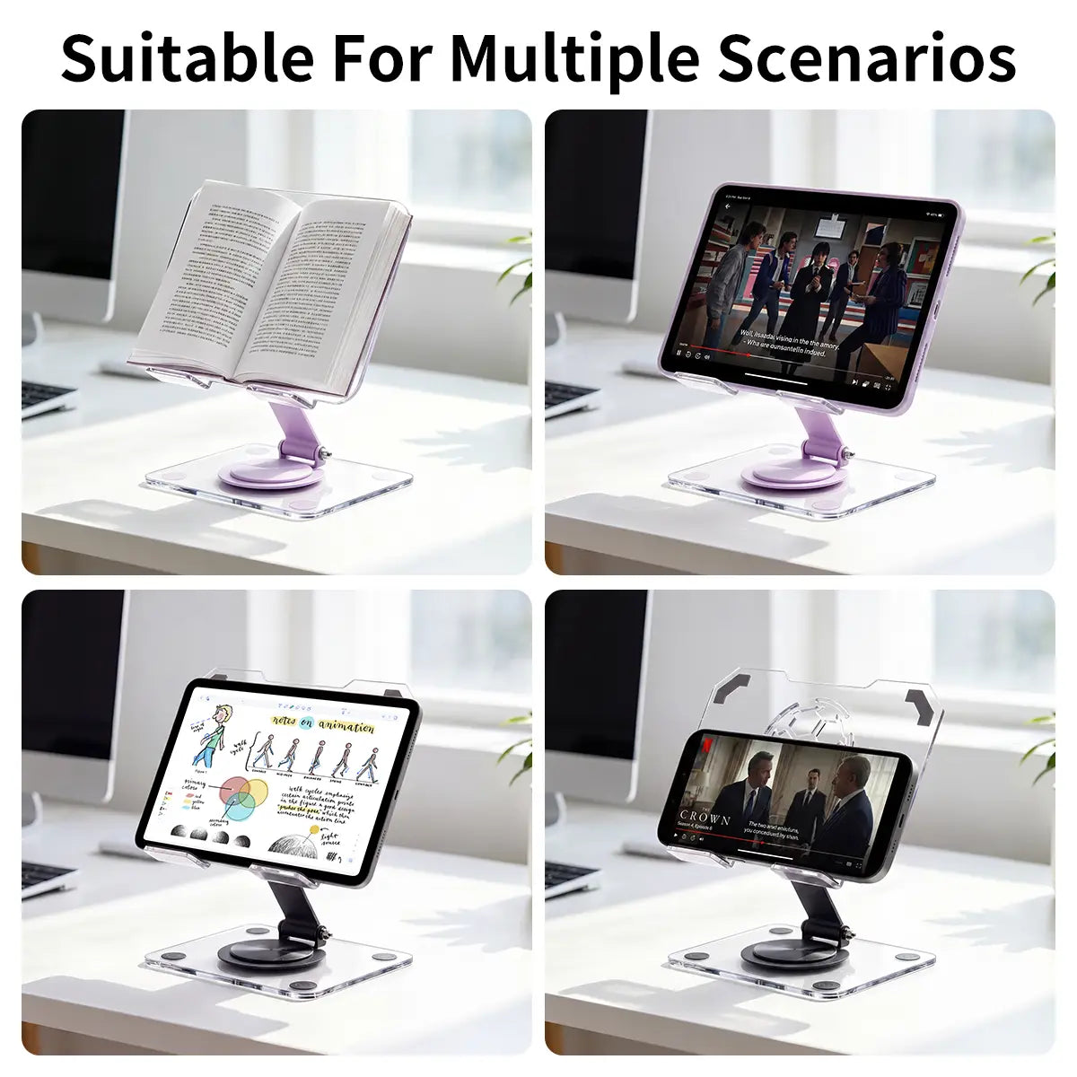 Clear acrylic desk stand with a purple adjustable arm featuring 360 rotating heat dissipation for holding books tablets or smartphones.