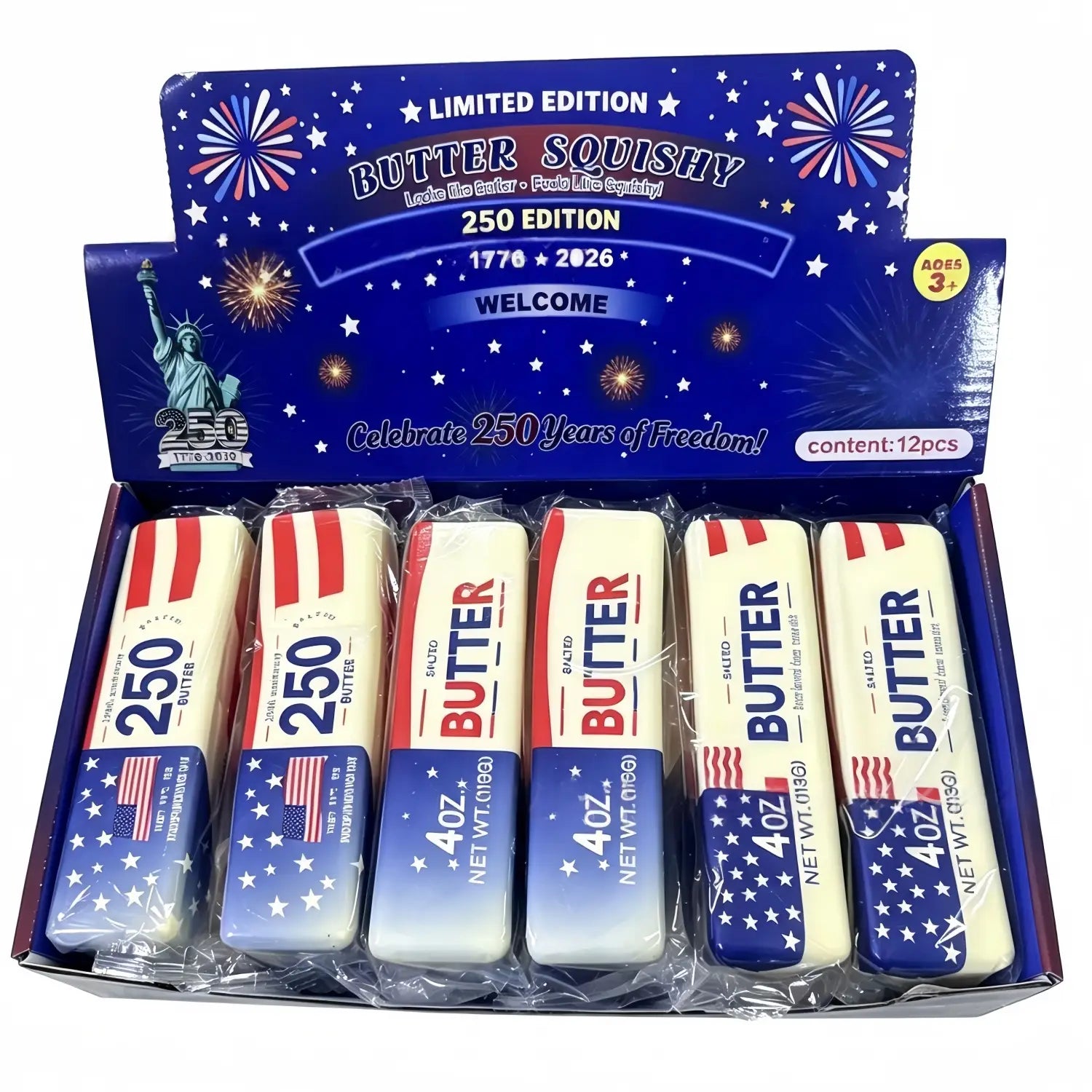 Jouets antistress souples à la forme de beurre à la fraise à montée lente, sur le thème du drapeau américain bleu et blanc, présentés dans une boîte d’édition limitée pour le 250e anniversaire