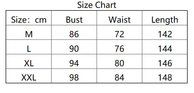Size chart for gothic vampire queen costume black velvet gown displaying garment measurements in centimeters for sizes medium through extra extra large.
