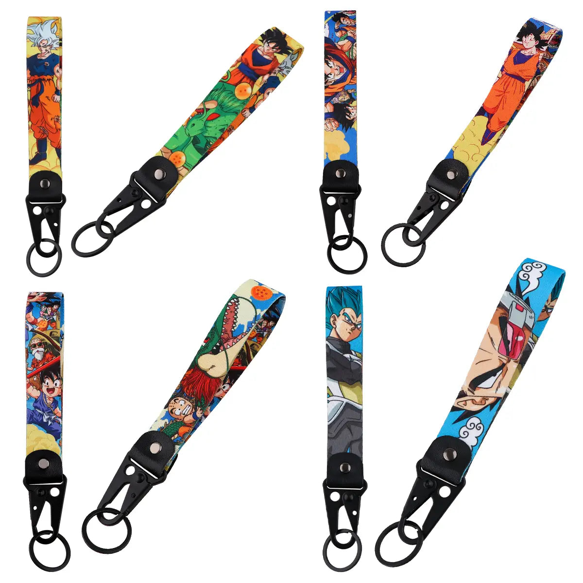 Colorful Dragon Ball Z Goku and Vegeta fabric wrist straps with black metal clasps and key rings for use as lanyard keychains.