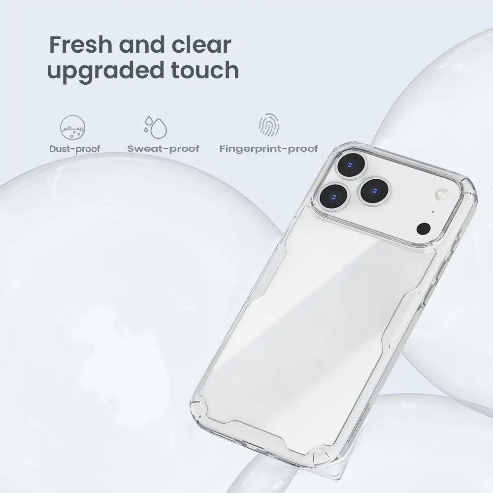 Clear protective phone case for iphone 17 series with transparent slightly textured design and contouring edges made from nature tpu pro material.