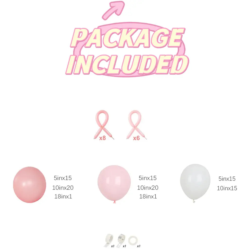 Set aus Latexballons in Pink und Weiß in verschiedenen Größen zur Partydekoration, vorgestellt in einem Bausatz für einen Ballon-Girlandenbogen mit rosa-weißer Schleife.