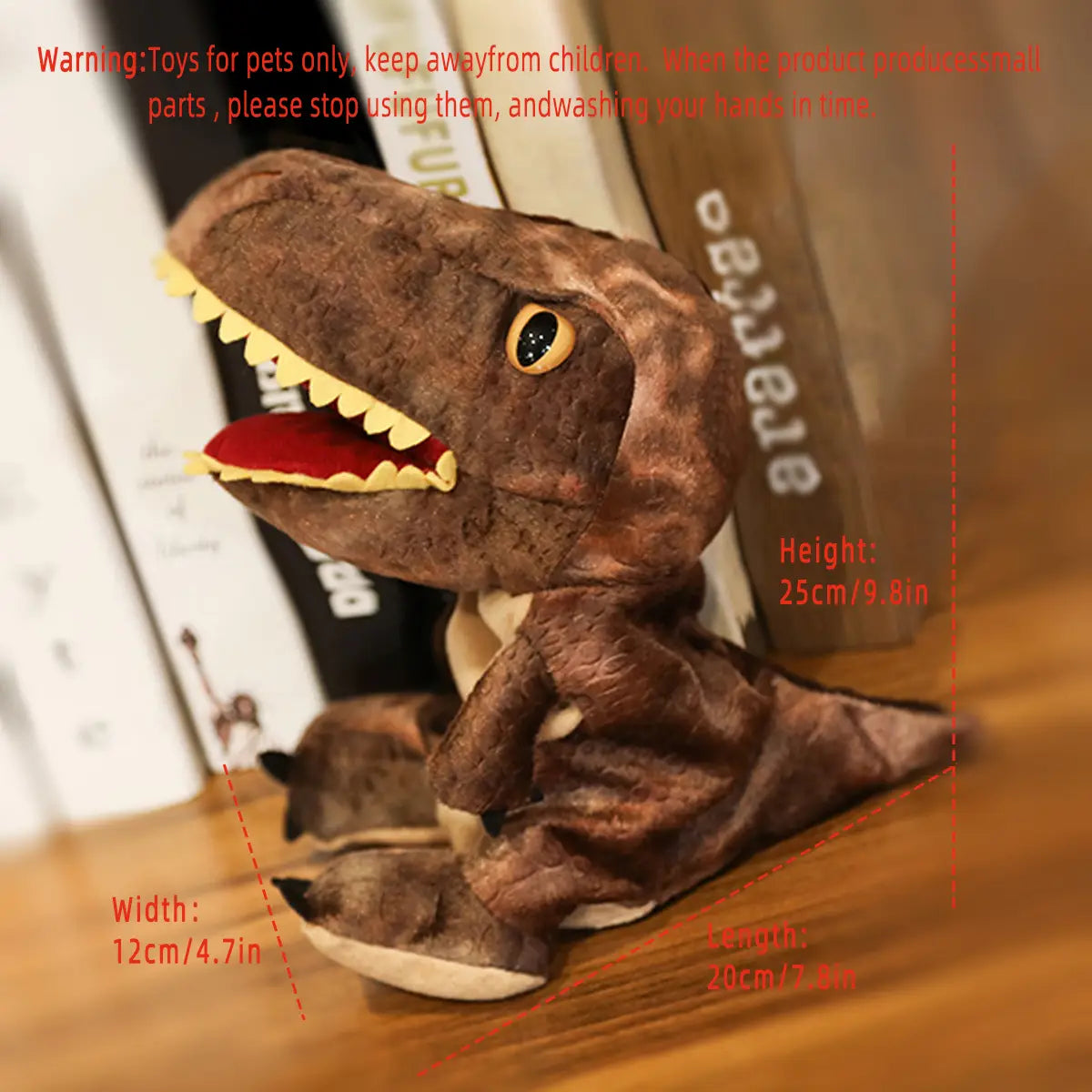 黄色い歯と赤い舌を備えた茶色のぬいぐるみティラノサウルス(ティーレックス)恐竜の手人形で、手に持って遊ぶインタラクティブなおもちゃとして、後ろ足で直立する形に設計されている。